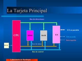 La Tarjeta Principal Bus de datos Bus de control Bus de direcciones CPU ROM RAM E/S E/S en paralelo E/S en serie Interrupción RELOJ Laboratorio de Hardware 