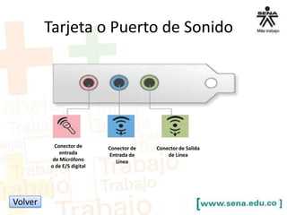 Tarjeta o Puerto de Sonido

Conector de
entrada
de Micrófono
o de E/S digital

Volver

Conector de
Entrada de
Línea

Conector de Salida
de Línea

 