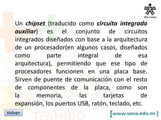 Un chipset (traducido como circuito integrado
auxiliar) es el conjunto de circuitos
integrados diseñados con base a la arquitectura
de un procesador(en algunos casos, diseñados
como
parte
integral
de
esa
arquitectura), permitiendo que ese tipo de
procesadores funcionen en una placa base.
Sirven de puente de comunicación con el resto
de componentes de la placa, como son
la
memoria,
las
tarjetas
de
expansión, los puertos USB, ratón, teclado, etc.
Volver

 