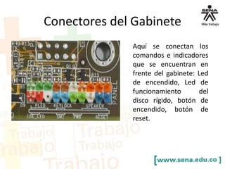 Conectores del Gabinete
Aquí se conectan los
comandos e indicadores
que se encuentran en
frente del gabinete: Led
de encendido, Led de
funcionamiento
del
disco rígido, botón de
encendido, botón de
reset.

 