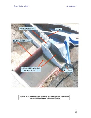 Arturo Rocha Felices La Bocatoma
22
Figura N° 2 Disposición típica de los principales elementos
de una bocatoma de captación lateral
 