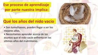 • Son tumultuosos, pueden llegar a ser los
mejores años.
• Necesitamos aprender acerca de los
asuntos que el nido vacío enfrenta en los
últimos años del matrimonio.
 