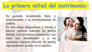 Es gastada levantando hijos y
reaccionando a su entrenamiento de
padres.
Es una etapa desgastante y tiende a
afectar nuestra relación de pareja
debido a las presiones constantes. Los
hijos son absorbentes y si no
cuidamos nuestra relación de pareja
algo podemos perder en el camino.
 