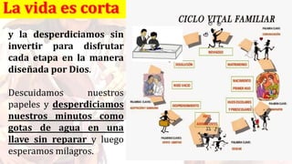 y la desperdiciamos sin
invertir para disfrutar
cada etapa en la manera
diseñada por Dios.
Descuidamos nuestros
papeles y desperdiciamos
nuestros minutos como
gotas de agua en una
llave sin reparar y luego
esperamos milagros.
 