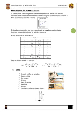 UNIVERSIDAD NACIONAL DE SAN ANTONIO ABAD DEL CUSCO INGENIERÍA DE MINAS
6
Método de regresión lineal por MÍNIMOS CUADRADOS
Si la distribución de puntos en la gráfica es de tendencia lineal, entonces, se realiza el ajuste de la recta
mediante el método de regresión lineal por mínimos cuadrados. Esto significa que la relación que se busca tiene la
forma de una recta cuya ecuación es: y= mx + b
En donde las constantes a determinar son: m la pendiente de la recta y b la ordenada en el origen
(intercepto), siguiendo el procedimiento que se detalla a continuación.
Primero se construye una tabla de la forma:
Luego se calculan la pendiente y el intercepto.
III. EQUIPO:
 Un soporte metálico, con su mordaza
 Una cinta métrica
 Un cronometro
 Un vernier
 Una varilla metálica
 Una balanza
 Un resorte
 Cinco objetos circulares de diferente diámetro
 