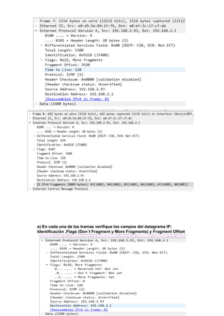 e) En cada una de las tramas verifique los campos del datagrama IP:
Identificación ,Flags (Don´t Fragment y More Fragments) y Fragment Offset
 