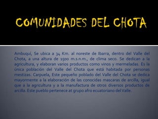 Ambuquí, Se ubica a 34 Km. al noreste de Ibarra, dentro del Valle del
Chota, a una altura de 1500 m.s.n.m., de clima seco. Se dedican a la
agricultura, y elaboran varios productos como vinos y mermeladas. Es la
única población del Valle del Chota que está habitada por personas
mestizas. Carpuela, Este pequeño poblado del Valle del Chota se dedica
mayormente a la elaboración de las conocidas mascaras de arcilla, igual
que a la agricultura y a la manufactura de otros diversos productos de
arcilla. Este pueblo pertenece at grupo afro ecuatoriano del Valle.
 