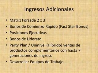Ingresos AdicionalesMatriz Forzada 2 x 3Bonos de Comienzo Rápido (Fast Star Bonus)Posiciones EjecutivasBonos de LideratoParty Plan / Uninivel (Híbrido) ventas de productos complementarios con hasta 7 generaciones de ingresoDesarrollar Equipos de Trabajo
