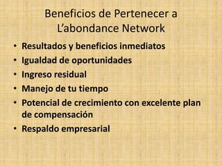 Beneficios de Pertenecer a L’abondance NetworkResultados y beneficios inmediatosIgualdad de oportunidadesIngreso residualManejo de tu tiempoPotencial de crecimiento con excelente plan de compensaciónRespaldo empresarial