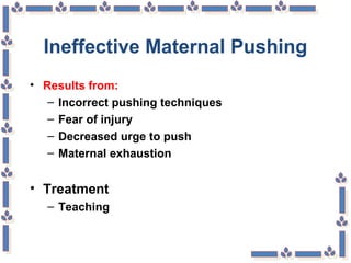 Ineffective Maternal Pushing
• Results from:
– Incorrect pushing techniques
– Fear of injury
– Decreased urge to push
– Maternal exhaustion
• Treatment
– Teaching
 