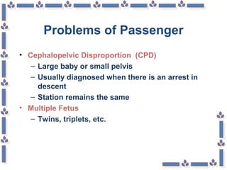 Problems of Passenger
• Cephalopelvic Disproportion (CPD)
– Large baby or small pelvis
– Usually diagnosed when there is an arrest in
descent
– Station remains the same
• Multiple Fetus
– Twins, triplets, etc.
 