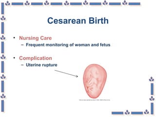 Cesarean Birth
• Nursing Care
– Frequent monitoring of woman and fetus
• Complication
– Uterine rupture
 
