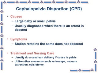 Cephalopelvic Disportion (CPD)
• Causes
– Large baby or small pelvis
– Usually diagnosed when there is an arrest in
descent
• Symptoms
– Station remains the same does not descend
• Treatment and Nursing Care
– Usually do a cesarean delivery if cause is pelvis
– Utilize other measures such as forceps, vacuum
extraction, episiotomy.
 