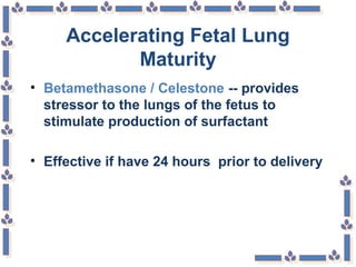 Accelerating Fetal Lung
Maturity
• Betamethasone / Celestone -- provides
stressor to the lungs of the fetus to
stimulate production of surfactant
• Effective if have 24 hours prior to delivery
 