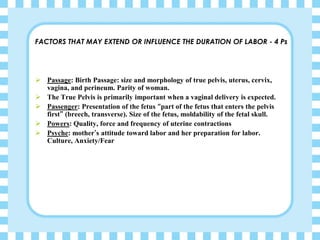 FACTORS THAT MAY EXTEND OR INFLUENCE THE DURATION OF LABOR - 4 Ps
➢ Passage: Birth Passage: size and morphology of true pelvis, uterus, cervix,
vagina, and perineum. Parity of woman.
➢ The True Pelvis is primarily important when a vaginal delivery is expected.
➢ Passenger: Presentation of the fetus “part of the fetus that enters the pelvis
first” (breech, transverse). Size of the fetus, moldability of the fetal skull.
➢ Powers: Quality, force and frequency of uterine contractions
➢ Psyche: mother’s attitude toward labor and her preparation for labor.
Culture, Anxiety/Fear
 