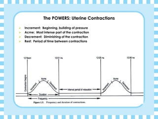 The POWERS: Uterine Contractions
➢ Increment: Beginning, building of pressure
➢ Acme: Most intense part of the contraction
➢ Decrement: Diminishing of the contraction
➢ Rest: Period of time between contractions
 