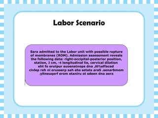 Labor Scenario
Sara admitted to the Labor unit with possible rupture
of membranes (ROM). Admission assessment reveals
the following data: right-occipital-posterior position,
longitudinal lie, cervical dilation
4
cm, -
3
station,
effaced
80%
eht fo erutpur suoenatnops dna ,
civlep reh ni erusserp sah ehs setats araS .senarbmem
yltneuqerf erom etaniru ot sdeen dna aera
.
 