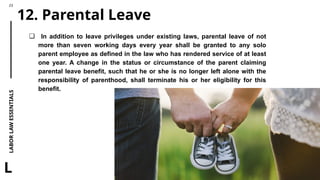 LABOR
LAW
ESSENTIALS
23
L
12. Parental Leave
❏ In addition to leave privileges under existing laws, parental leave of not
more than seven working days every year shall be granted to any solo
parent employee as defined in the law who has rendered service of at least
one year. A change in the status or circumstance of the parent claiming
parental leave benefit, such that he or she is no longer left alone with the
responsibility of parenthood, shall terminate his or her eligibility for this
benefit.
 