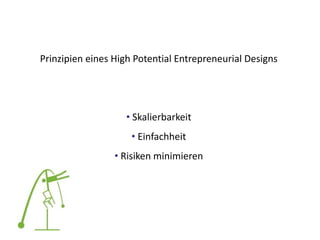 Prinzipien eines High Potential Entrepreneurial Designs
• Skalierbarkeit
• Einfachheit
• Risiken minimieren
 