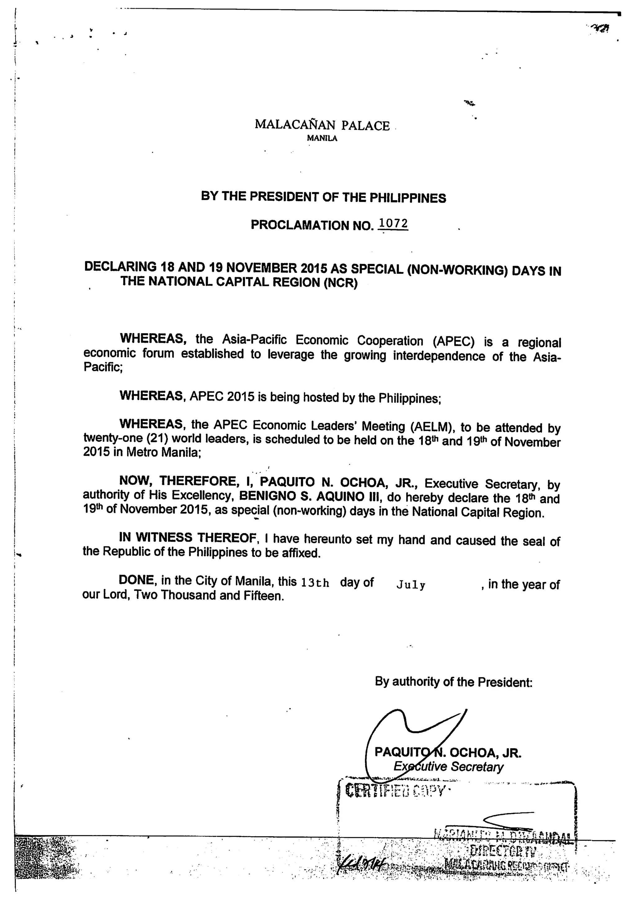 Labor Advisory No. 07-15 (APEC Holidays)