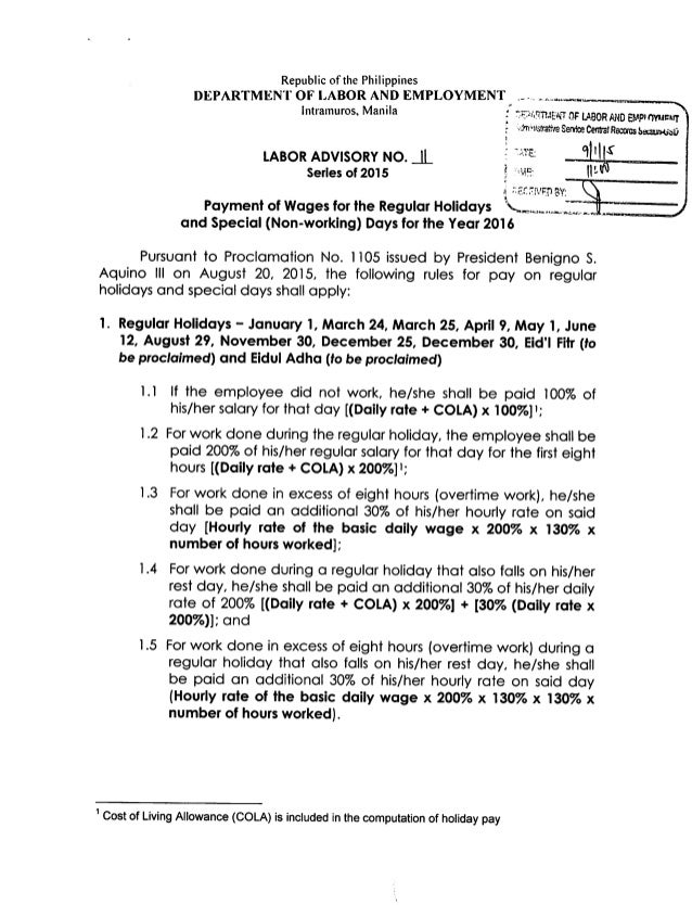 Payment of Wages for the Regular Holidays and Special (Non-Working) Days for Year 2016 (Labor Advisory No.  11-15)