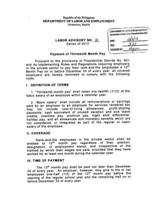 Labor Advisory on 13th Month Pay (2013 UPDATE)