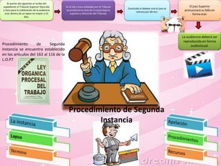 Al quinto día siguiente al recibo del
expediente el Tribunal Superior fijara día
y hora para la celebración de la audiencia
oral, dentro de un lapso no mayor a 15
días.
En el día y hora señalada por el Tribunal
se producirá la vista de la causa bajo la
suprema y dirección del Tribunal.
Concluido el debate oral el juez se
retirará por 60 min.
El juez Superior
pronunciará su fallo en
forma oral.
La audiencia deberá ser
reproducida en forma
audiovisual.Procedimiento de Segunda
Instancia se encuentra establecido
en los artículos del 163 al 116 de la
L.O.P.T
Procedimiento de Segunda
Instancia
 