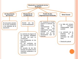 Disolución y Liquidación de los
Sindicatos
Otras Causas
Fusión de dos
Organizaciones Sindicales
Resolución de
sus Miembros
En Vencimiento
del Término
Se encuentra previsto
en el acta constitutiva
o los estatutos de la
asociación.
Acorde con las
normas estatutarias
• La carencia de alguno de
los requisitos señalados
en esta Ley para su
constitución.
• Las consagradas en los
estatutos
• En los sindicatos de
empresa la extinción de
ésta
• El acuerdo de las dos
terceras 2/3 partes de los
miembros asistentes a la
asamblea.
En ocasiones la fusión
supone la extinción de
todas las
organizaciones y el
origen de otra
enteramente nueva, sin
embrago a veces
pervive una de las
asociaciones que se
fusionan.
• La falta del número
de miembros
indispensables para
subsistir
• La extinción de la
empresa, en el
supuesto de
sindicatos de esta
clase.
• Disolución judicial
 