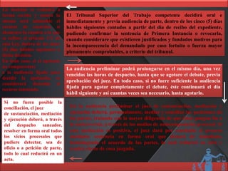El Tribunal Superior del Trabajo competente decidirá oral e
inmediatamente y previa audiencia de parte, dentro de los cinco (5) días
hábiles siguientes contados a partir del día de recibo del expediente,
pudiendo confirmar la sentencia de Primera Instancia o revocarla,
cuando considerare que existieren justificados y fundados motivos para
la incomparecencia del demandado por caso fortuito o fuerza mayor
plenamente comprobables, a criterio del tribunal.
La decisión se reducirá a
forma escrita y contra la
misma será admisible el
recurso de casación, si
alcanzare la cuantía a la que
se refiere el artículo 171 de
esta Ley, dentro de los cinco
(5) días hábiles siguientes a
dicha decisión.
En todo caso, si el apelante
no compareciere
a la audiencia fijada para
decidir la apelación, se
considerará desistido el
recurso intentado.
La audiencia preliminar podrá prolongarse en el mismo día, una vez
vencidas las horas de despacho, hasta que se agotare el debate, previa
aprobación del juez. En todo caso, si no fuere suficiente la audiencia
fijada para agotar completamente el debate, éste continuará el día
hábil siguiente y así cuantas veces sea necesario, hasta agotarlo.
En la audiencia preliminar el juez de sustanciación, mediación y
ejecución deberá, personalmente, mediar y conciliar las posiciones de
las partes, tratando con la mayor diligencia de que éstas pongan fin a
la controversia, a través de los medios de autocomposición procesal. Si
esta mediación es positiva, el juez dará por concluido el proceso
mediante sentencia en forma oral que dictará de inmediato,
homologando el acuerdo de las partes, la cual reducirá en acta y
tendrá efecto de cosa juzgada.
Si no fuera posible la
conciliación, el juez
de sustanciación, mediación
y ejecución deberá, a través
del despacho saneador,
resolver en forma oral todos
los vicios procesales que
pudiere detectar, sea de
oficio o a petición de parte,
todo lo cual reducirá en un
acta.
 