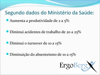Segundo dados do Ministério da Saúde:
Aumenta a produtividade de 2 a 5%


Diminui acidentes de trabalho de 20 a 25%


Diminui o turnover de 10 a 15%


Diminuição do absenteísmo de 10 a 15%
 