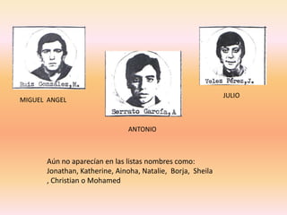 JULIO
MIGUEL ANGEL



                               ANTONIO



      Aún no aparecían en las listas nombres como:
      Jonathan, Katherine, Ainoha, Natalie, Borja, Sheila
      , Christian o Mohamed
 