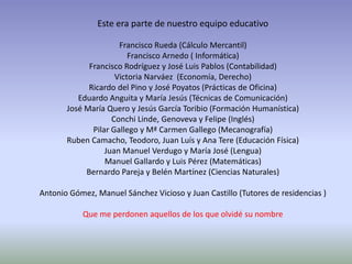 Este era parte de nuestro equipo educativo

                      Francisco Rueda (Cálculo Mercantil)
                         Francisco Arnedo ( Informática)
             Francisco Rodríguez y José Luis Pablos (Contabilidad)
                     Victoria Narváez (Economía, Derecho)
             Ricardo del Pino y José Poyatos (Prácticas de Oficina)
          Eduardo Anguita y María Jesús (Técnicas de Comunicación)
       José María Quero y Jesús García Toribio (Formación Humanística)
                    Conchi Linde, Genoveva y Felipe (Inglés)
              Pilar Gallego y Mª Carmen Gallego (Mecanografía)
       Ruben Camacho, Teodoro, Juan Luís y Ana Tere (Educación Física)
                  Juan Manuel Verdugo y María José (Lengua)
                  Manuel Gallardo y Luis Pérez (Matemáticas)
            Bernardo Pareja y Belén Martínez (Ciencias Naturales)

Antonio Gómez, Manuel Sánchez Vicioso y Juan Castillo (Tutores de residencias )

           Que me perdonen aquellos de los que olvidé su nombre
 