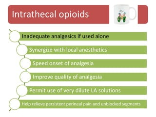 Intrathecal opioids
Inadequate analgesics if used alone
Synergize with local anesthetics
Speed onset of analgesia
Improve quality of analgesia
Permit use of very dilute LA solutions
Help relieve persistent perineal pain and unblocked segments
 