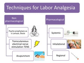 Techniques for Labor Analgesia
Non
pharmacological
Psycho prophylaxis as
is Lamaze, Doula
Transcutaneous
electrical nerve
stimulation TENS
Acupuncture
Pharmacological
Systemic
Inhalational
Regional
 