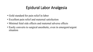 Epidural Labor Analgesia
• Gold standard for pain relief in labor
• Excellent pain relief and maternal satisfaction
• Minimal fetal side effects and maternal adverse effects
• Easily converts to surgical anesthetic, even in emergent/urgent
situation
 