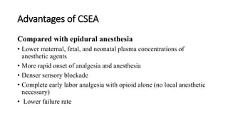 Advantages of CSEA
Compared with epidural anesthesia
• Lower maternal, fetal, and neonatal plasma concentrations of
anesthetic agents
• More rapid onset of analgesia and anesthesia
• Denser sensory blockade
• Complete early labor analgesia with opioid alone (no local anesthetic
necessary)
• Lower failure rate
 