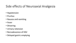 Side effects of Neuroaxial Analgesia
• Hypotension
• Pruritus
• Nausea and vomiting
• Fever
• Shivering
• Urinary retension
• Recrudescence of HSV
• Delayed gastric emptying
 