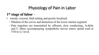 Physiology of Pain in Labor
1st stage of labor –
• mostly visceral, Dull aching and poorly localized
◦ Dilation of the cervix and distention of the lower uterine segment
◦ Pain impulses are transmitted by afferent, slow conducting, A-delta
and C fibres accompanying sympathetic nerves enters spinal cord at
T10 to L1 level.
 