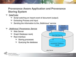 Provenance Aware Application and Provenance Storing System DataFinder Script watching on import event of document (output) Extracting Process and Input Sending the information to the „Noblivious“ service „ Noblivious“ Provenance- Service Web Server  Graph Database neo4j Rest Interface  Storing processes Querying the database 