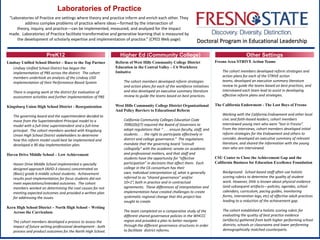 “Laboratories of Practice are settings where theory and practice inform and enrich each other. They
address complex problems of practice where ideas—formed by the intersection of
theory, inquiry, and practice—can be implemented, measured, and analyzed for the impact
made. Laboratories of Practice facilitate transformative and generative learning that is measured by
the development of scholarly expertise and implementation of practice.” (CPED Web page)
Higher Ed (Community College) Other Settings
Doctoral Program in Educational Leadership
PreK12
Lindsay Unified School District – Race to the Top Partner
Lindsay Unified School District has begun the
implementation of PBS across the district. The cohort
members undertook an analysis of the Lindsay USD
implementation of their Performance-Based System
There is ongoing work at the district for evaluation of
assessment activities and further implementation of PBS
Kingsburg Union High School District - Reorganization
The governing board and the superintendent decided to
move from the Superintendent-Principal model to a
model with a full-time superintendent and a full-time
principal. The cohort members worked with Kingsburg
Union High School District stakeholders to determine
how this reform model could best be implemented and
developed a 90 day implementation plan.
Haven Drive Middle School – Low Achievement
Haven Drive Middle School implemented a specially
designed approach (AVID-3 classes) concentrated on
(Basic) grade 6 middle school students. Achievement
results post-implementation for focus students did not
meet expectations/intended outcomes. The cohort
members worked on determining the root causes for not
meeting expected outcomes and provided a written plan
for addressing the issues.
Kern High School District – North High School – Writing
Across the Curriculum
The cohort members developed a process to assess the
impact of future writing professional development - both
process and product outcomes for the North High School.
Reform of West Hills Community College District
Education in the Central Valley – C6 Workforce
Imitative
The cohort members developed reform strategies
and action plans for each of the workforce initiatives
and also developed an executive summary literature
review to guide the teams based on best practices.
West Hills Community College District Organizational
And Policy Barriers to Educational Reform
California Community Colleges Education Code
70902(b)(7) required the Board of Governors to
adopt regulations that “ . . . ensure faculty, staff, and
students . . . the right to participate effectively in
district and college governance.” The regulations
mandate that the governing board “consult
collegially” with the academic senate on academic
and professional matters, and that staff and
students have the opportunity for “effective
participation” in decisions that affect them. Each
college in the C6 consortium has their
own, individual interpretation of, what is generally
referred to as “shared governance” and/or
10+1”, both in practice and in contractual
agreements. These differences of interpretation and
implementation have created challenges to create
systematic regional change that this project has
sought to create.
The team completed on a comparative study of the
different shared governance policies in the WHCCC
region and provided a plan to better navigate
through the different governance structures in order
to facilitate district reforms.
Fresno Area STRIVE Action Teams
The cohort members developed reform strategies and
action plans for each of the STRIVE action
teams, developed an executive summary literature
review to guide the teams based on best practices, and
interviewed each team lead to assist in developing
effective reform plans and strategies.
The California Endowment - The Lost Boys of Fresno
Working with the California Endowment and other local
civic and faith-based leaders, cohort members
interviewed young men who were “lost in Fresno”.
From the interviews, cohort members developed initial
reform strategies for the Endowment and others to
consider, developed an executive summary of relevant
literature, and shared the information with the young
men who are interviewed.
CSU Center to Close the Achievement Gap and the
California Business for Education Excellence Foundation
Background: School based staff often use holistic
scoring rubrics to determine the quality of student
work. However, little is known about physical evidence
(and subsequent artifacts—policies, agendas, school
calendars, curriculum, pacing guides, monitoring
forms, intervention logs, etc) of effective adult practices
leading to a reduction of the achievement gap.
The cohort established a holistic scoring rubric for
evaluating the quality of best practice evidence
(artifacts) gathered from both higher performing school
districts, schools or classrooms and lower performing
demographically matched counterparts.
 