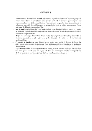 ANEXO N° 1
- Varias masas no mayores de 200 gr: durante la práctica se tuvo a favor un juego de
masas para colocar en el sistema masa resorte vertical. El material que compone las
masas es cobre. Son de forma cilíndrica y cuentan con un gancho a sus extremos que es
del mismo material. Específicamente en esta práctica solo se utilizo una masa de 50g y
una masa de 20g para un total de 70g.
- Dos resortes: se utilizan dos resortes con el fin de colocarlos primero en serie y luego
en paralelo. Son resortes que cumplan con la ley de hooke, es decir que sean elásticos y
conserven sus propiedades.
- Regla: Es una regla de madera de un metro de longitud, es utilizada para medir la
distancia marcada por el registrador y la distancia de caída en el movimiento
semiparabólico.
- Cronómetro Analógico: este dispositivo es usado para medir el tiempo de duran las
ocho oscilaciones que hace el sistema. Este tiempo es utilizado para hallar el periodo y
la frecuencia.
- Soporte universal: es un soporte todo en hierro. Consta de una base que está sujeta a
una mesa y una varilla que está sujeta a la base. Se utiliza para pe el sistema penda de
el. A la vez que es muy manejable y fácil de instalar, transportar, etc.
 