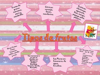 Frutas de grano: manzana, pera y membrillo.   Cítricos: naranja, limón, mandarina.  Exóticas: chirimoya, aguacate, kiwi, mango, papaya, piña, plátano.   Otras frutas: fresa, fresones, melón, sandía y uvas.   Las manzanas a su vez se dividen en: Manzanas Golden, Starking, Reineta, Verde, Doncella.   Las Peras en: Limonera, de agua, Ercolina.   Las Naranjas: Grupo  Nivel , las de mesa con su característico ombligo, Salustiano y Sanguina utilizadas para el zumo.  