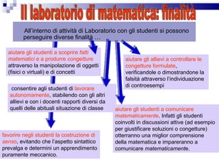 All’interno di attività di Laboratorio con gli studenti si possono perseguire diverse finalità … Il laboratorio di matematica: finalità aiutare gli studenti a scoprire  fatti matematici  e a produrre  congetture   attraverso la manipolazione di oggetti (fisici o virtuali) e di concetti aiutare gli allievi a controllare le congetture formulate , verificandole o dimostrandone la falsità attraverso l’individuazione di controesempi consentire agli studenti di  lavorare autonomamente , stabilendo con gli altri allievi e con i docenti rapporti diversi da quelli delle abituali situazione di classe favorire negli studenti la costruzione di  sens o , evitando che l’aspetto sintattico prevalga e determini un apprendimento puramente meccanico. aiutare gli studenti a comunicare  matematicament e . Infatti gli studenti coinvolti in discussioni attive (ad esempio per giustificare soluzioni o congetture) otterranno una miglior comprensione della matematica e impareranno a comunicare  matematicament e. 