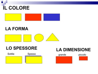 IL COLORE LA FORMA LO SPESSORE Sottile Spesso LA DIMENSIONE grande piccolo 