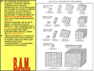 Un materiale strutturato da proporre ai bambini nell'uso scolastico per compiere esperienze utili, sia a distinguere tra concetto di numero e simbolo del numero, sia ad astrarre il complesso principio di valore posizionale, è rappresentato dai  Blocchi Aritmetici Multibase , noti anche sotto l'abbreviazione di  B.A.M Questo materiale, per lo più di legno, ma talvolta anche di plastica, è stato progettato da Z. P.  Dienes , che, nel realizzarlo, si è però ispirato alle Perle Colorate delle potenze, ideate da  Maria Montessori . I Blocchi Multibase si trovano in commercio per lo più suddivise in scatole, ciascuna delle quali contiene pezzi che "materializzano" un particolare sistema di numerazione. B.A.M. 