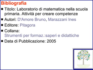 Bibliografia Titolo: Laboratorio di matematica nella scuola primaria. Attività per creare competenze  Autori:  D'Amore Bruno ,  Marazzani Ines   Editore:  Pitagora   Collana:   Strumenti per formaz.:saperi e didattiche  Data di Pubblicazione: 2005 