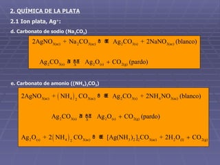 2. QUÍMICA DE LA PLATA 2.1 Ion plata, Ag + : d. Carbonato de sodio (Na 2 CO 3 ) e. Carbonato de amonio ((NH 4 ) 2 CO 3 ) 