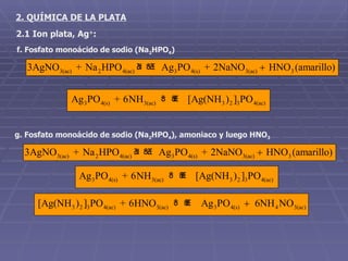 2. QUÍMICA DE LA PLATA 2.1 Ion plata, Ag + : f. Fosfato monoácido de sodio (Na 2 HPO 4 ) g. Fosfato monoácido de sodio (Na 2 HPO 4 ), amoniaco y luego HNO 3 