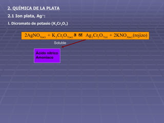 2. QUÍMICA DE LA PLATA 2.1 Ion plata, Ag + : l. Dicromato de potasio (K 2 Cr 2 O 7 ) Soluble Ácido nítrico Amoniaco 