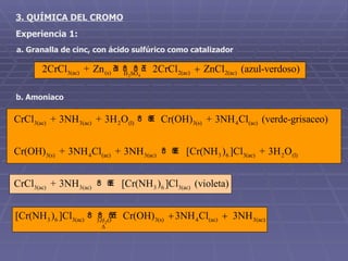 3. QUÍMICA DEL CROMO Experiencia 1: a. Granalla de cinc, con ácido sulfúrico como catalizador b. Amoniaco 